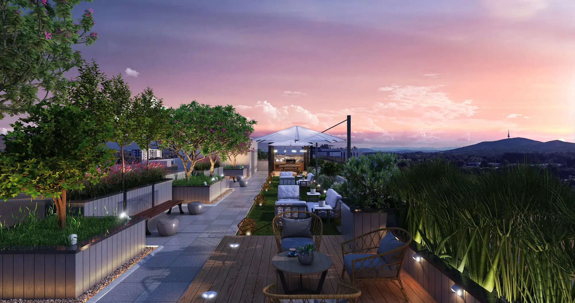 Rooftop Garden Lounge at Dusk